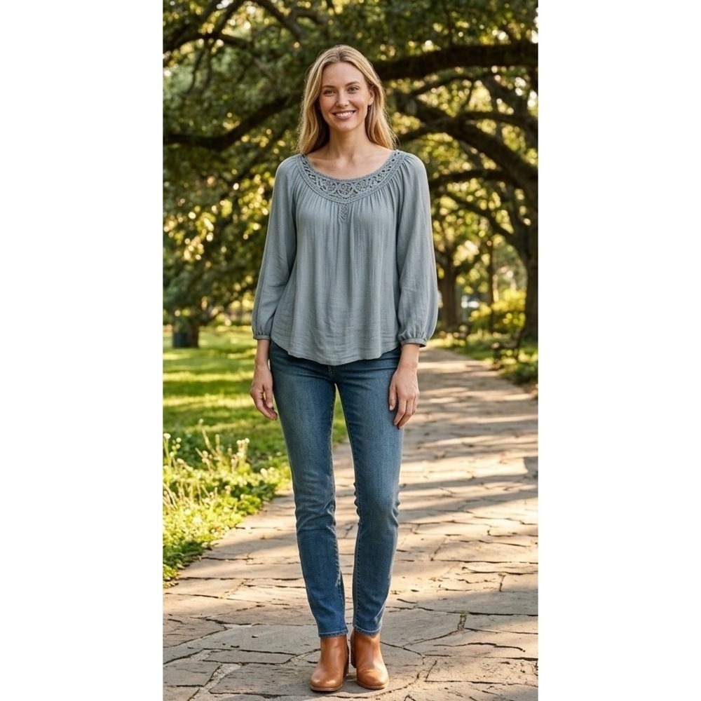 Knox Rose Cottage Core Boho Peasant Top Long Sleeve Crochet Collar Sz Small